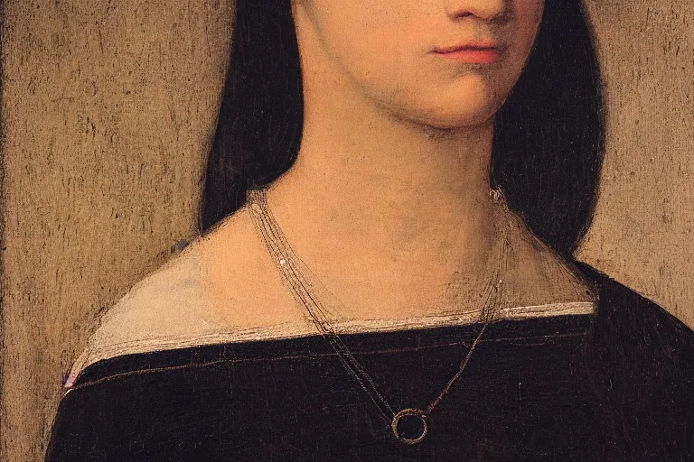 Prompt: portrait of a female, closeup of neck, wearing a neckless with Saturn as the pendant