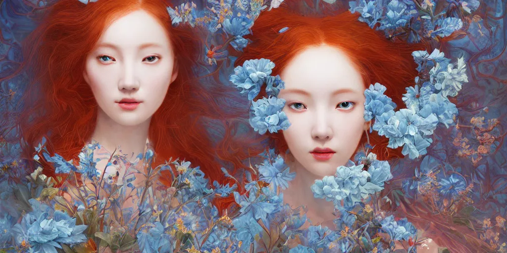 Image similar to breathtaking detailed concept art painting blend of two redhair goddess of light blue flowers by hsiao - ron cheng with anxious piercing eyes, vintage illustration pattern with bizarre compositions blend of flowers and fruits and birds by beto val and john james audubon, exquisite detail, extremely moody lighting, 8 k