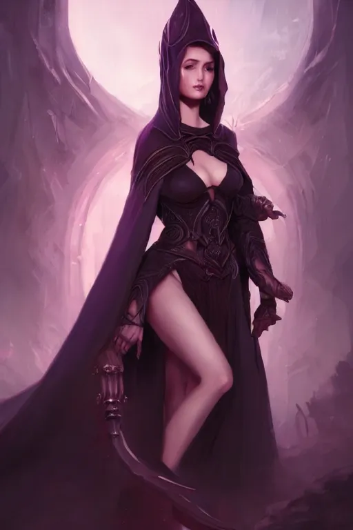 Prompt: Fantasy portrait, Necromancer, female, beautiful face, dark garments, dark pruple robes, midriff, Black cloak from neck to ankles, pin-up, shapely derriere, matte painting, by WLOP, artstation