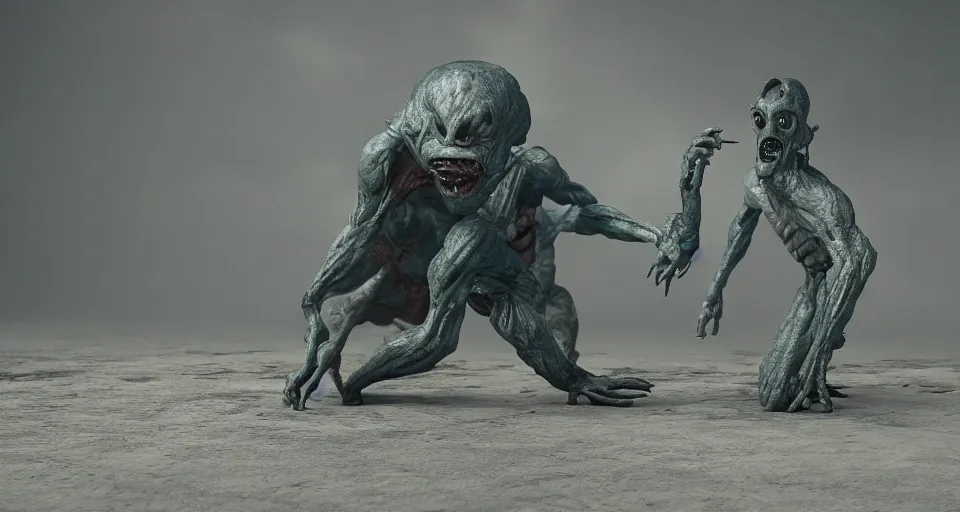 Image similar to a grotesque, disfigured alien creature lunging itself at a helpless man, outside, overcast day, horror movie, unreal engine, octane render