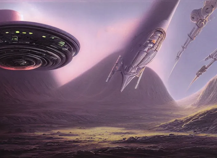 Prompt: a spaceship in a stunning landscape by jim burns