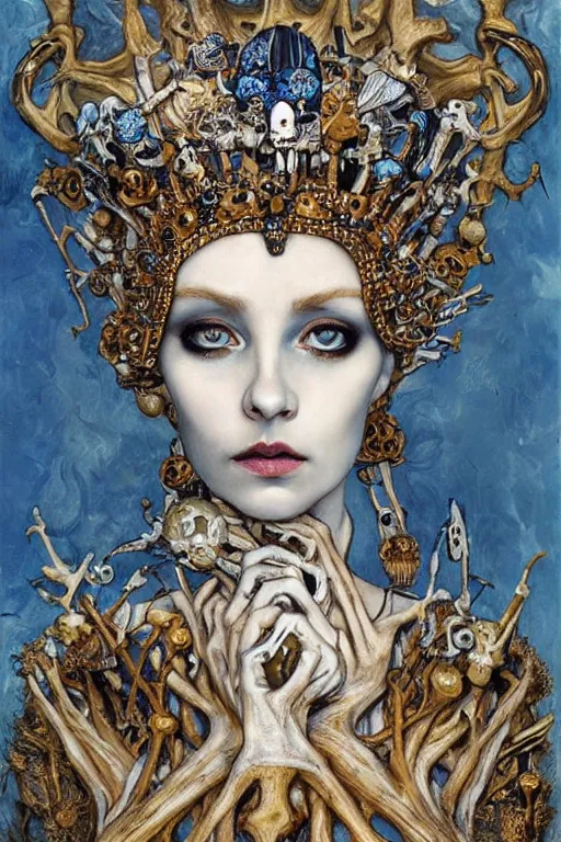 Image similar to The Queen of Bones by Karol Bak, Jean Deville, Gustav Klimt, and Vincent Van Gogh, portrait of a porcelain princess wearing a crown, beautiful porcelain doll face, pale blue eyes, mystic eye, otherworldly, crown made of bones, ornate jeweled crown, skulls, fractal structures, arcane, inscribed runes, infernal relics, ornate gilded medieval icon, third eye, spirals, rich deep moody colors