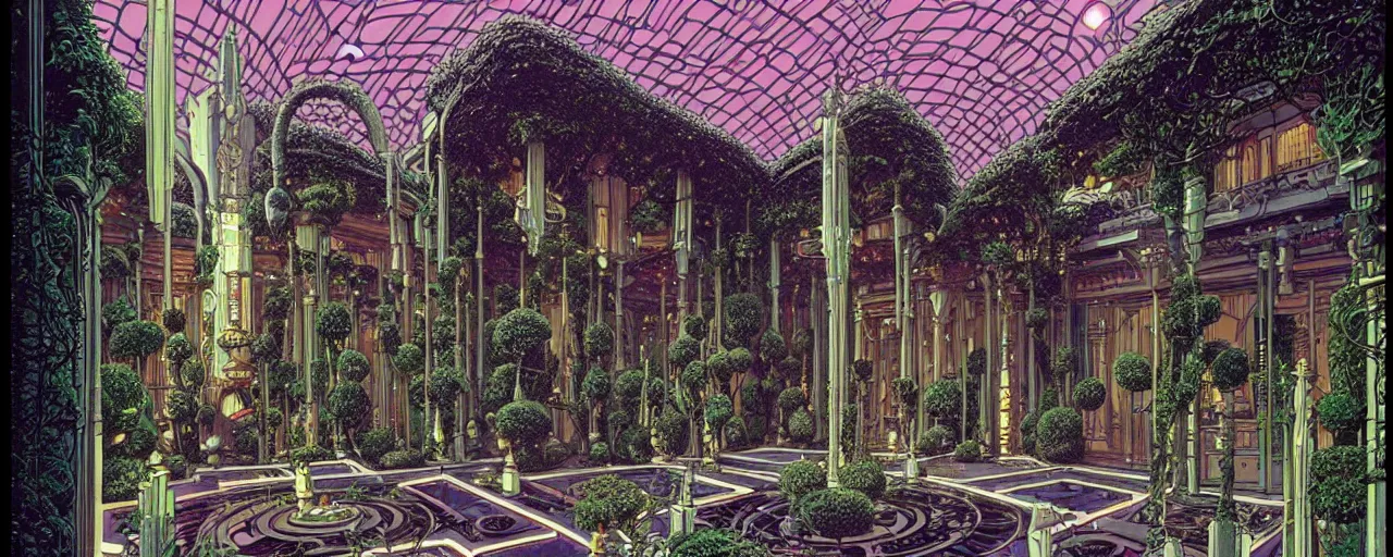 Image similar to a luxurious scifi futuristic victorian garden courtyard by killian eng, moebius, philippe druillet