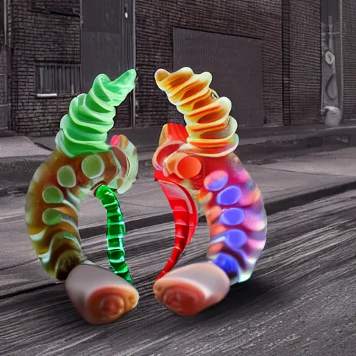 Prompt: a futuristic robotic gummi worm. dramatic product lighting. it's a gummi with extra juiciness. but it's also a worm. ick. in a magical side alley, the worm is sold out of a trendy food truck. digital art, sci - fi, fantasy, fairytale, imax, 4 k.