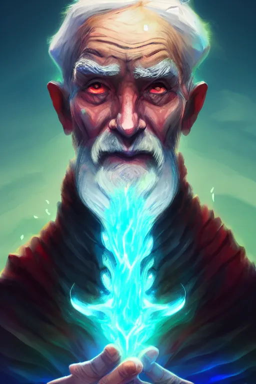 Image similar to a human elemental sorcerer, mountainous setting, colorful magic effects, white skin, portrait, old man, sharp focus, digital art, concept art, trending on artstation, dynamic lighting, by emylie boivin