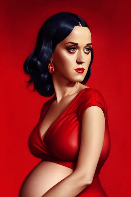 Image similar to pregnant katy perry in a red dress, realistic portrait, symmetrical, highly detailed, digital painting, artstation, concept art, smooth, sharp focus, illustration, cinematic lighting, art by artgerm and greg rutkowski and alphonse mucha