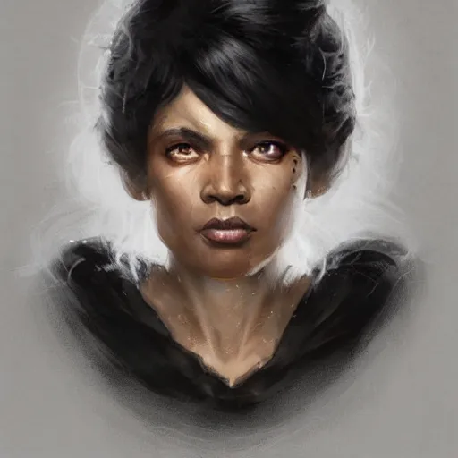 Prompt: headshot immortal blac female wizard ; black brown skin ; white hair ; wise, realistic shaded lighting poster by craig mallismo, artgerm, jeremy lipkin and michael garmash, unreal engine, radiant light, detailed and intricate environment, digital art, art station trends