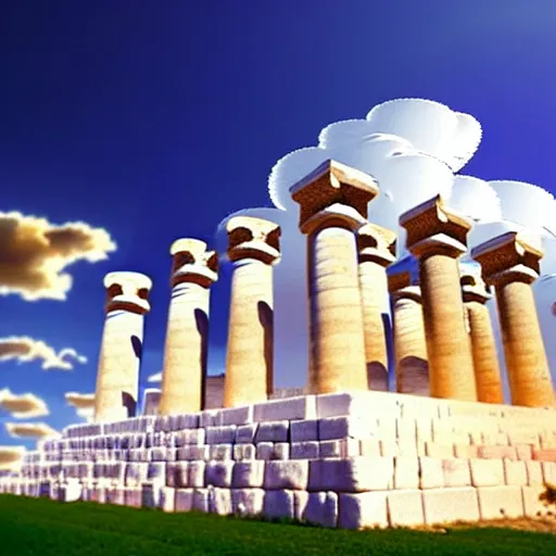 Image similar to clouds shaped like the second temple in jerusalem, the beis hamikdash surrealism