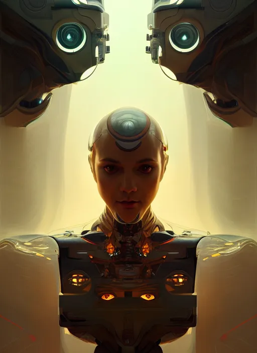 Image similar to symmetry!! portrait of robot, sci - fi, intricate, highly detailed, dynamic lighting, digital art, digital painting, artstation, wlop, sharp focus, illustration, art by artgerm and greg rutkowski and alphonse mucha, 8 k