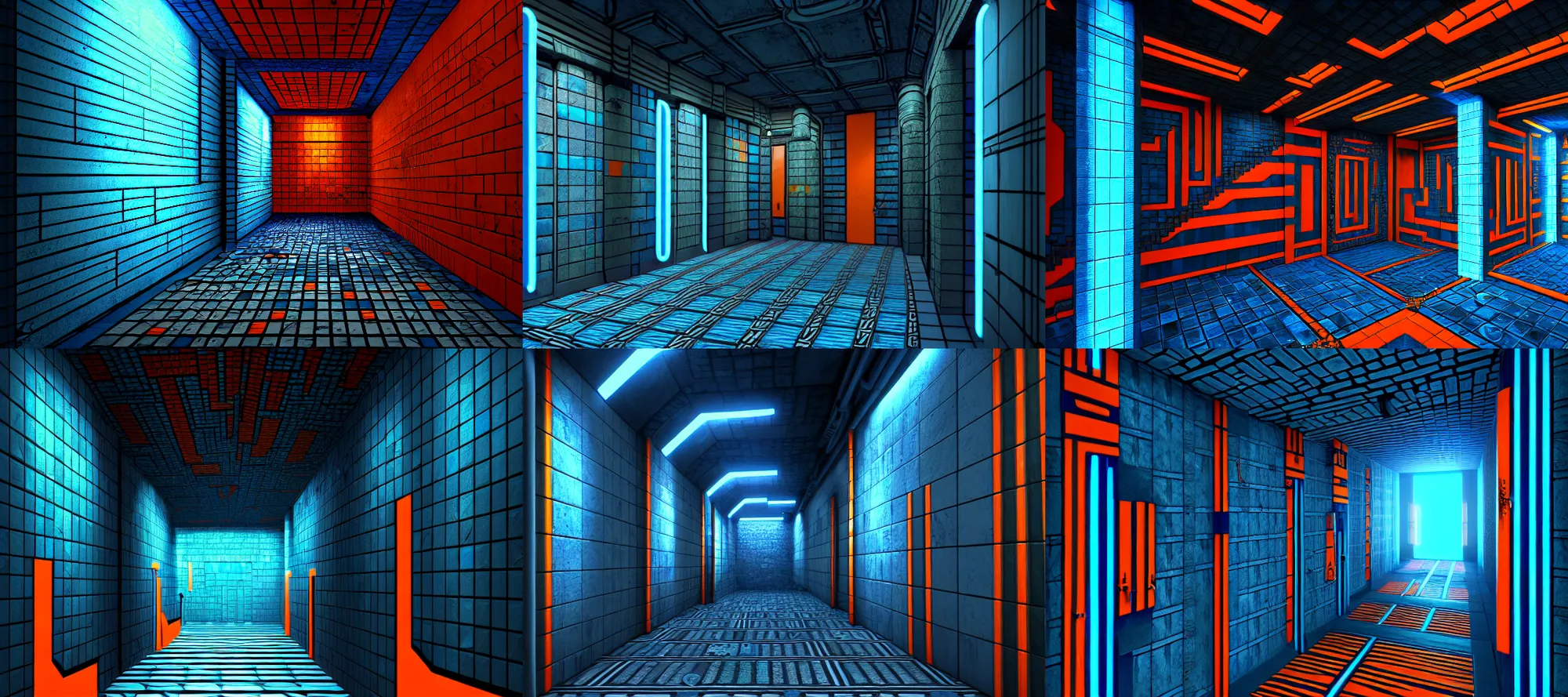 Prompt: futurepunk dungeon, ancient stone tiling, blue and orange neon lines along the wall, bluestone walls, trending on artstation. absurdly detailed linear hallway with doors