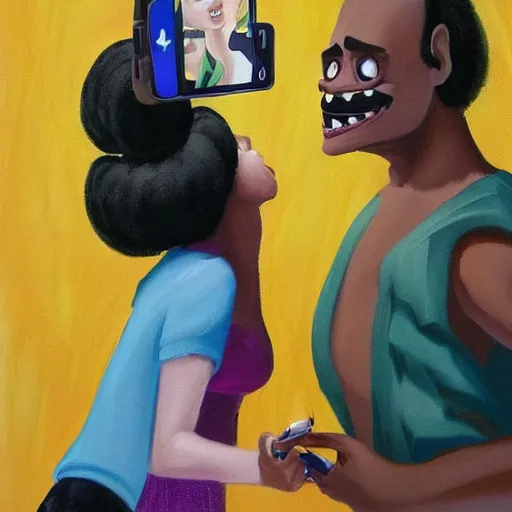 Image similar to stunning, coherent, beautiful painting, still of a creepy man following a beautiful black bbw woman in wal-mart, she is taking a selfie of the creepy man is following her, 3d, in the style of pixar, comic book style, 3d, highly detailed, highly detailed, sharp focus, bokeh, depth of field, 16k resolution, Unreal Engine 5, coherent, cinematic lighting, photorealistic, by Zhang Jingna