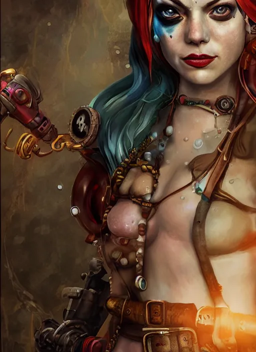 Prompt: underwater steampunk pirate portrait of emma stone as harley quinn, pretty face, hyper detailed, digital art, cinematic lighting, studio quality, smooth render, unreal engine 5, octane rendered, art style by klimt and nixeu and ian sprigger and krenz cushart.