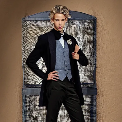 Prompt: Portrait photo of adult Austin Butler with exposed dark-hair head, dressed in grey-prussian blue Tudoresque-Gigeresque casual garb, and griffin-embroidered nanocarbon-vest, in an arena in Dune 2021, XF IQ4, f/1.4, ISO 200, 1/160s, 8K