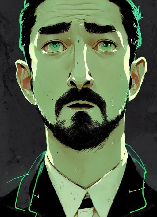 Image similar to highly detailed closeup portrait of very serious staring shia lebouf, in a suit by atey ghailan, by greg rutkowski, by greg tocchini, by james gilleard, by joe fenton, by kaethe butcher, gradient green, black and white color scheme, grunge aesthetic!!! ( ( graffiti tag wall background ) )