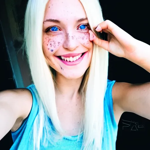 Prompt: beautiful selfie of a cute thin young woman smiling smugly, long light platinum blonde hair, flushed face, small heart - shaped face, cute freckles, light blue eyes, golden hour, 8 k, instagram