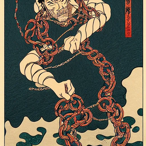 Image similar to by hokusai, samurai man vagabond, the samurai is wrapped in chains, detailed, editorial illustration, matte print, concept art, ink style, sketch, digital 2 d