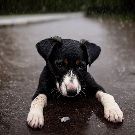 Image similar to a very sad puppy in the rain, lonely, scared, moody lighting