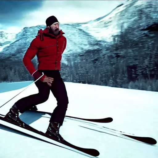 Image similar to jason statham skiing, angry, full body shot, cinematic lighting, studio quality