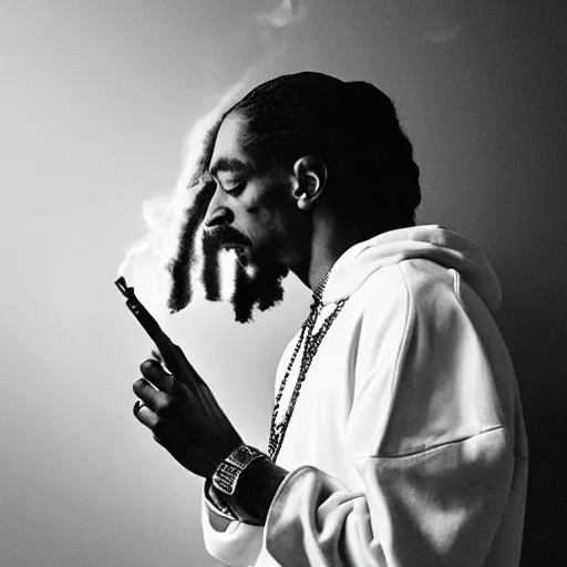 Prompt: a dramatic photograph of snoop dog smoking a joint while contemplating a magical portal to the beyond, ground haze, dramatic lighting, filmic, cinematographic