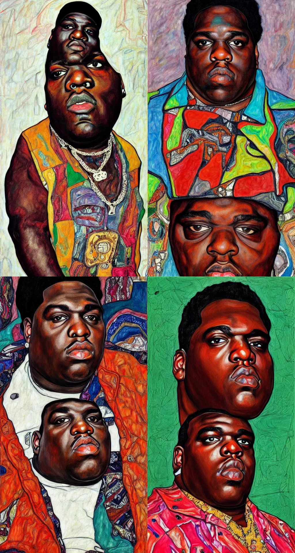 Prompt: a portrait of biggie smalls wearing boho chic style clothes, full body!!, realistic painting in egon schiele style, masterpiece, hyperdetailed, complex, intricate, 4 k, trending on artstation
