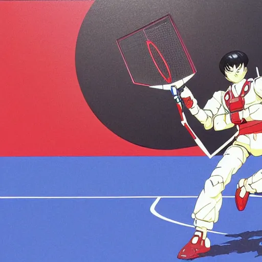 Image similar to illustration of gundam action figures on a badminton court by ilya kuvshinov katsuhiro otomo