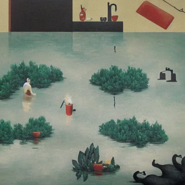 Image similar to painting of flood waters inside an apartment, taps with running water, tall female emo art student, a river flooding inside, tangelos, zen, pigs, ikebana, water, river, rapids, waterfall, black swans, canoe, pomegranate, berries dripping, acrylic on canvas, surrealist, by magritte and monet