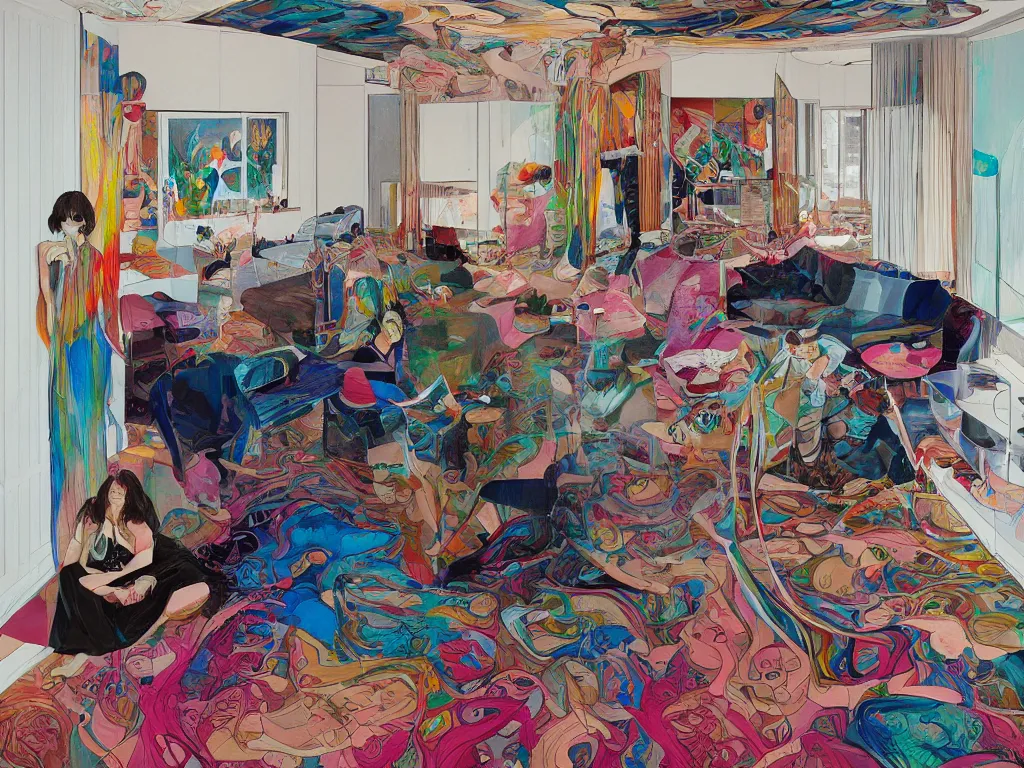 Image similar to One woman start to bounce in a living room of a house, floating dark energy surrounds the middle of the room. There is one living room plant to the side of the room, expressionist painting by martine johanna and moebius