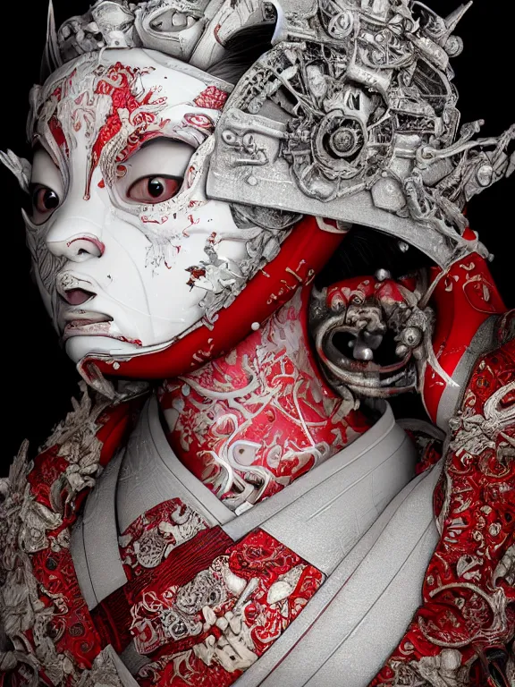 Image similar to portrait art of 8k ultra realistic geisha,intricate white and red mask, detailed intricate ornate armour,decaying, cybernetic, full of colour, cinematic lighting, battered, trending on artstation, 4k, hyperrealistic, focused, extreme details,unreal engine 5, cinematic, masterpiece, art by ayami kojima, giger