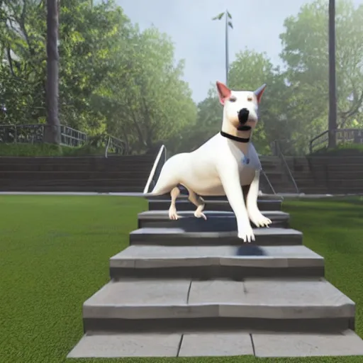 Image similar to bull terrier bounces up stairs rendered in unreal engine