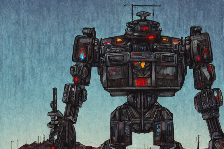 Image similar to giant war robot, photoillustration ink drawing acrylic art digital illustration oil on canvas photorealistic polished sci - fi ukiyo - e david rios ferreira filmic stock photo landscape polished photorealistic