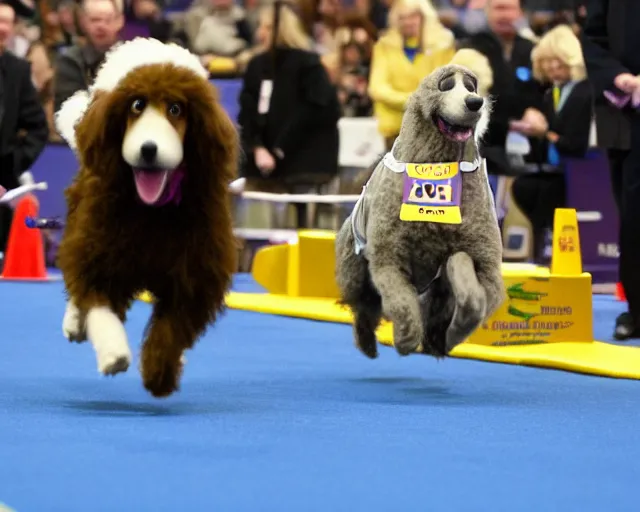 Prompt: gromit running the agility course at the westminster kennel club dog show