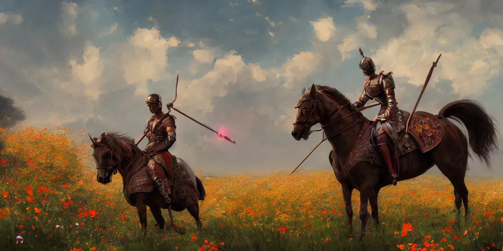 Prompt: an aesthetic field of flowers, asian knight on horse, greg rutkowski, zabrocki, karlkka, jayison devadas, trending on artstation, 8 k, ultra wide angle, zenith view, pincushion lens effect