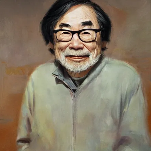 Prompt: Hayao Miyazaki portrait, oil on board painted with thick painterly brush strokes, crisp lighting, by ruan jia