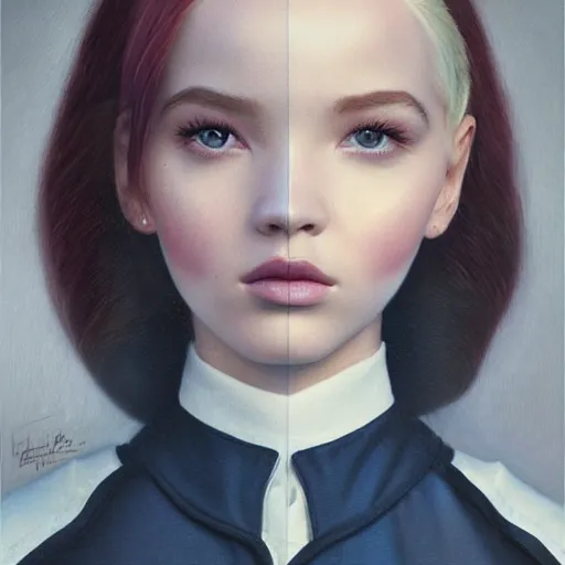 Image similar to tom bagshaw portrait, beautiful mix of dove cameron madison beer bella poarch in a full sailor suit, short redhead, professionally retouched, focus eyes, ultra realistic soft painting, insanely detailed linework, symmetrical accurate intricate features, behance, 8 k, no text