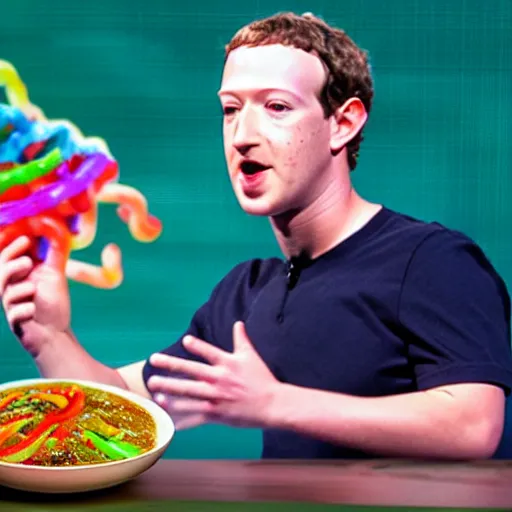 Image similar to mark zuckerberg eating gummy worm ramen