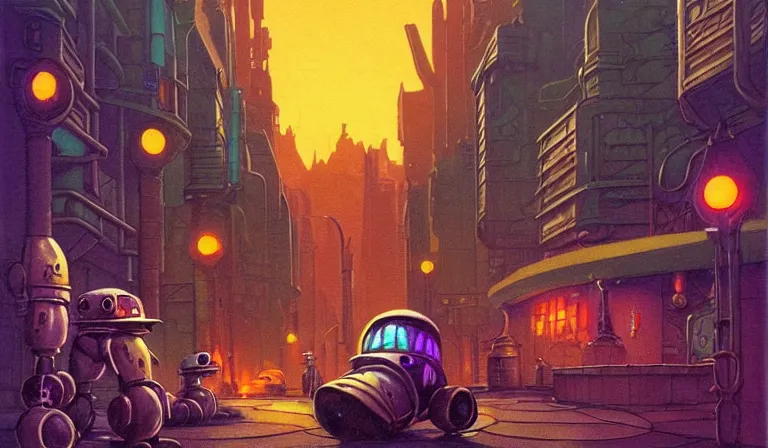 Image similar to fantasycore. magic the gathering art. street view of 1950s machinarium cityscape at night by Phillipe Drulliet and Roger Dean and Moebius. cute gigantic 1950s robots. cel-shaded. glossy painting.