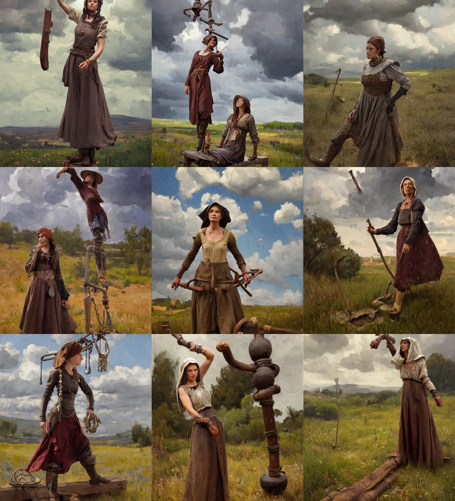 Prompt: portrait of medieval farmer woman with wooden jewelry, mediterranean features, fantasy character, sitting dynamic pose, Low poly, thunder clouds in the sky, artwork by Jeremy Lipkin and Giuseppe Dangelico Pino and Michael Garmash and rob rey, levitation, industrial rusty pipes, simple form, brutal shapes