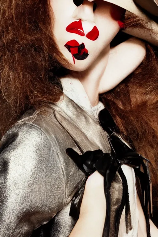 Image similar to margiela campaign featuring ark bumpy roose as a female cowgirl, long eyeslashes, big juicy lips, big seductive eyes