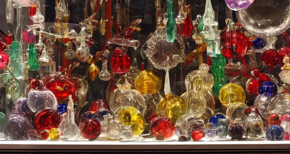 Prompt: murano glass in a shop window in venice at christmas, watercolour style