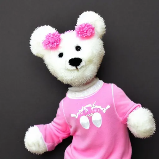 Prompt: a cute white teddy bear with pink ears wearing a pink cheetah print leotard