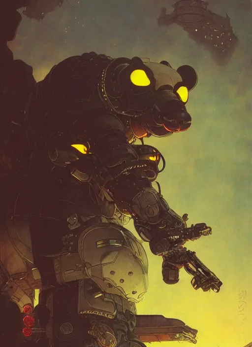 Image similar to a panda mecha, reflective detailed textures. glowing colorful fog, dark background. highly detailed fantasy science fiction painting by moebius, norman rockwell, frank frazetta, and syd mead. rich colors, high contrast. trending on artstation