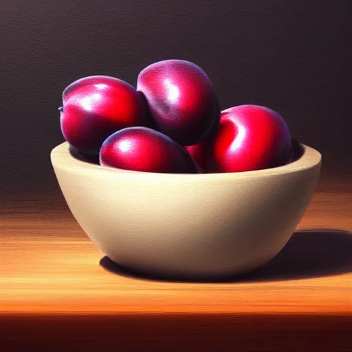 Prompt: concept art of a single bowl filled with a few moist freshly picked plums on a wooden table. painting, illustration, volumetric lighting, highly detailed, small scale, art, trending on artstation.