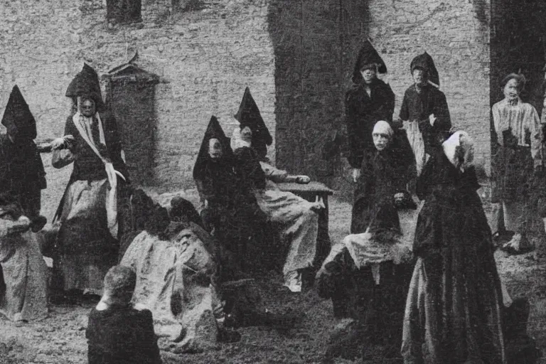 Prompt: , old photograph of colonial puritan villagers during a witch trial with all of them faces covered by black cloth. ray traced reflections, in the style of the the movie the witch