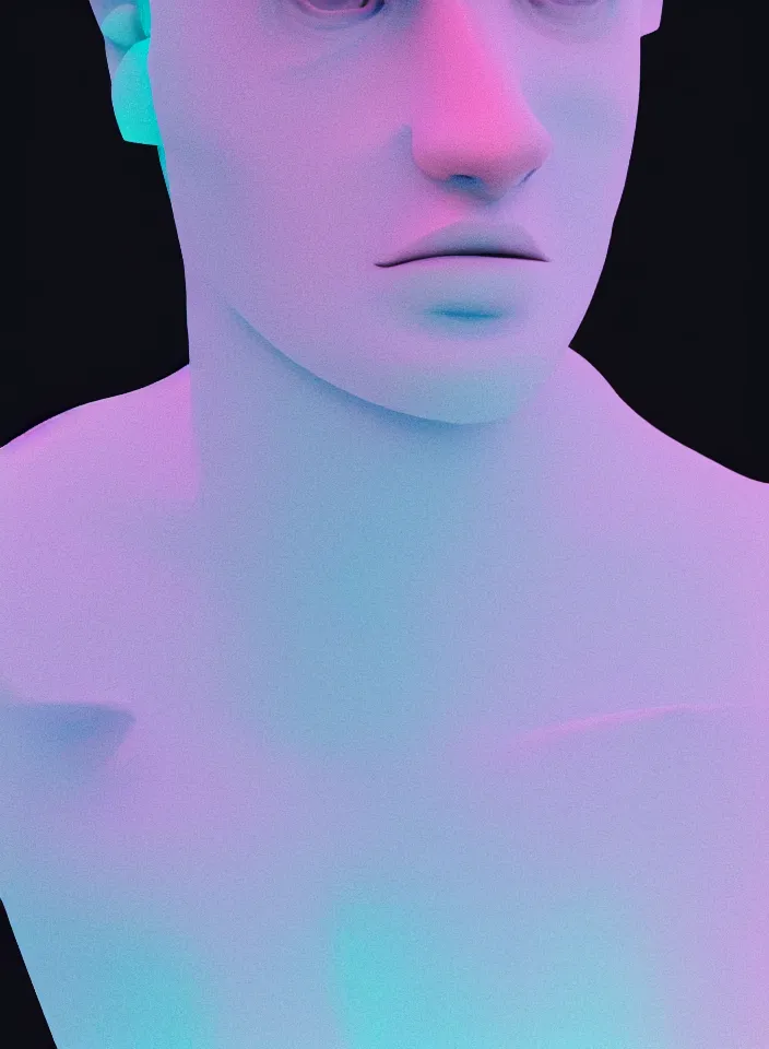 Image similar to high quality pastel coloured film close up photograph of a cyborg model in an icelandic black rock!! environment in a dreamstate environment. three point light. photographic production. art directed. pastel colours. volumetric light. pastel gradient overlay. waves glitch artefacts. extreme facial detail. 8 k. filmic.