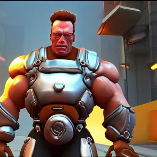 Image similar to a screenshot of arnold schwarzenegger in overwatch as roadhog