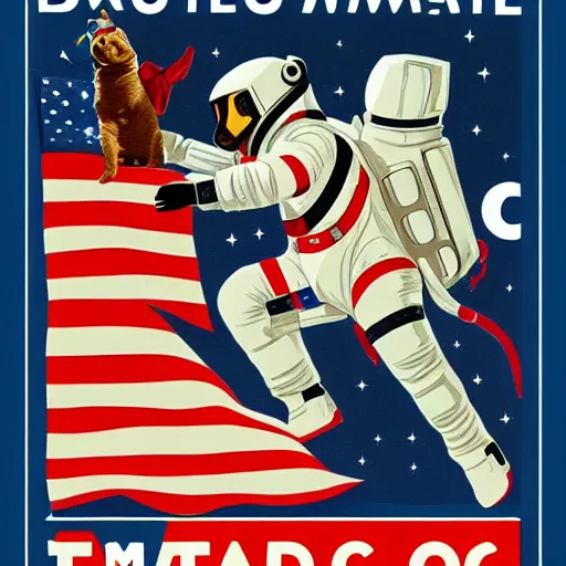 Prompt: political propoganda poster of dogs and cats in a space race to the moon