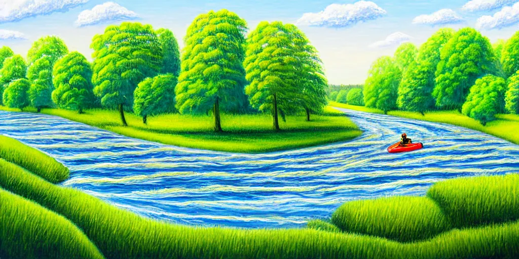 Prompt: A very detailed painting featuring a river in Europe surrounded by trees and fields. A rubber dinghy is slowly moving through the water. Sun is shining. minimalist painting