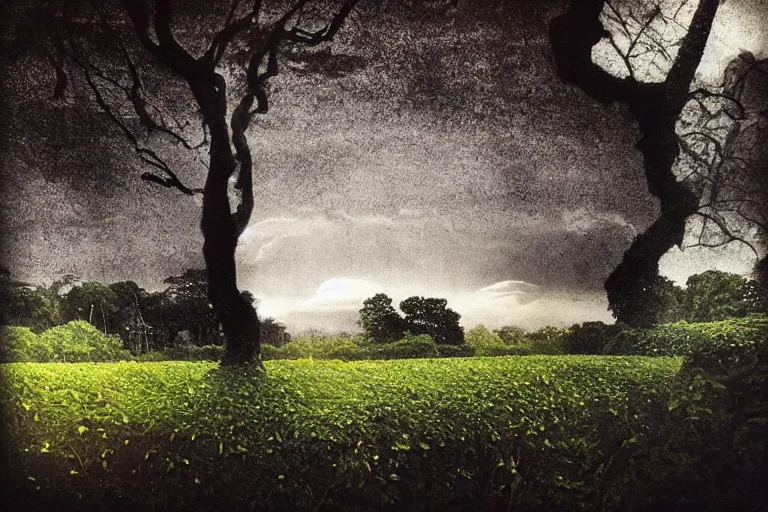 Prompt: “Photo by Robert ParkeHarrison. Close-up of an old man in a garden with flying trees. The dark sky is torn open like a paper and bright light shines through it.”