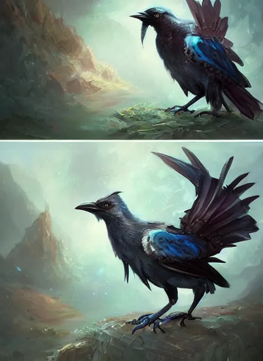 Image similar to cute little anthropomorphic crow dreamer wearing flamboyant pauldrons, tiny, small, miniature animal, baby animal, short, pale blue armor, cute and adorable, pretty, beautiful, DnD character art portrait, matte fantasy painting, DeviantArt Artstation, by Jason Felix by Steve Argyle by Tyler Jacobson by Peter Mohrbacher, cinematic lighting