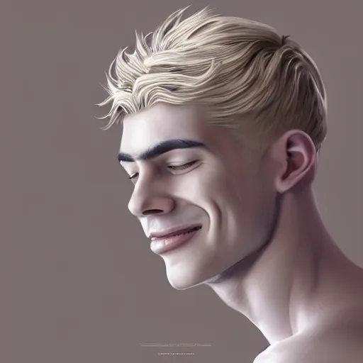 Prompt: A pregnant blond androgynous man with closed eyes smiling, very detailed sharp angular pale white masculine face, (12x) extremely pale white skin, hooked nose and square jaw long fluffy curly blond hair, light blond hair, gorgeous, beautiful, intricate, highly detailed, digital painting, artstation, concept art, sharp focus, illustration, art by greg rutkowski and alphonse mucha